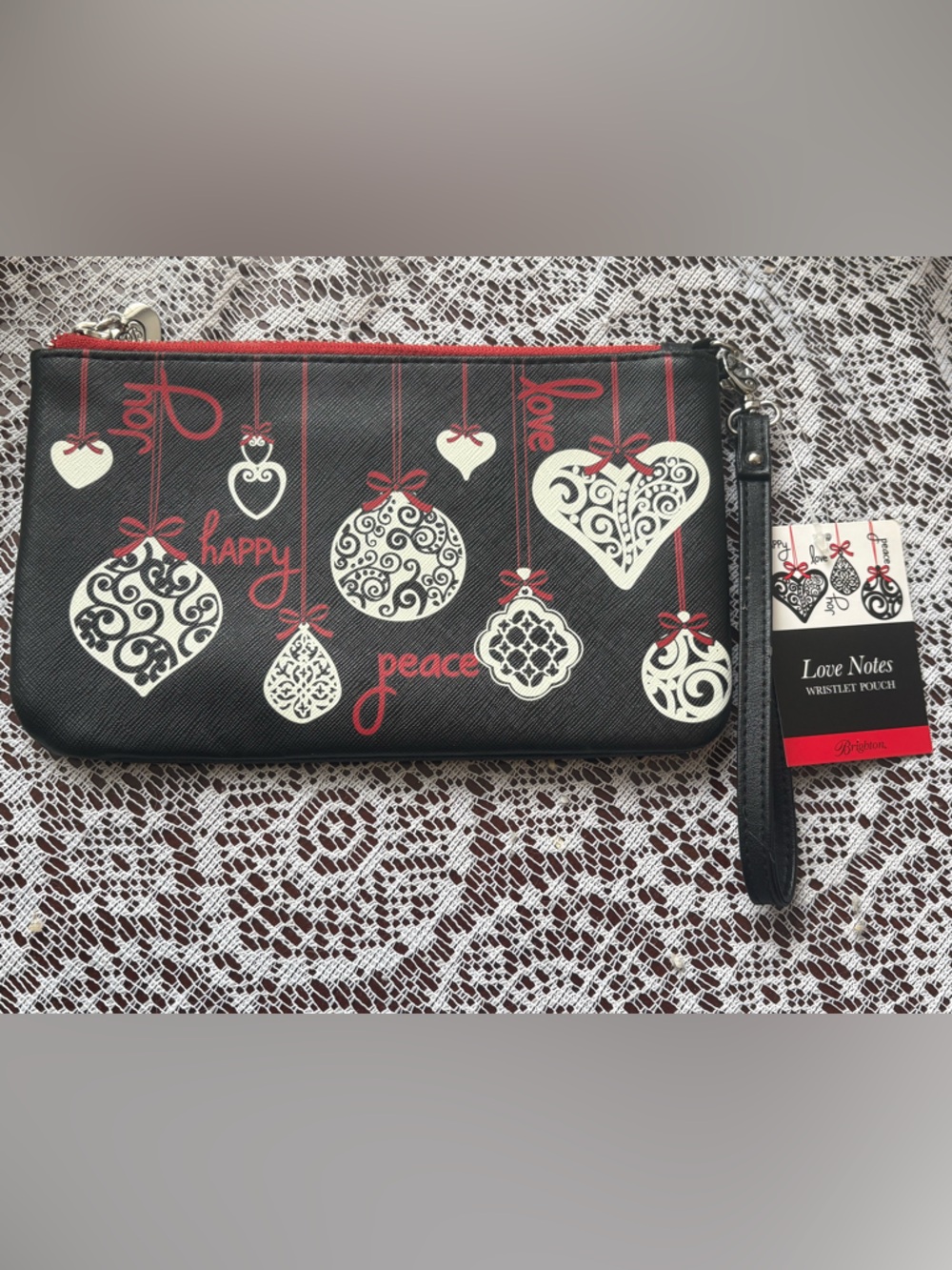 Brighton Love Notes Wristlet Pouch Black Red Hearts NWT